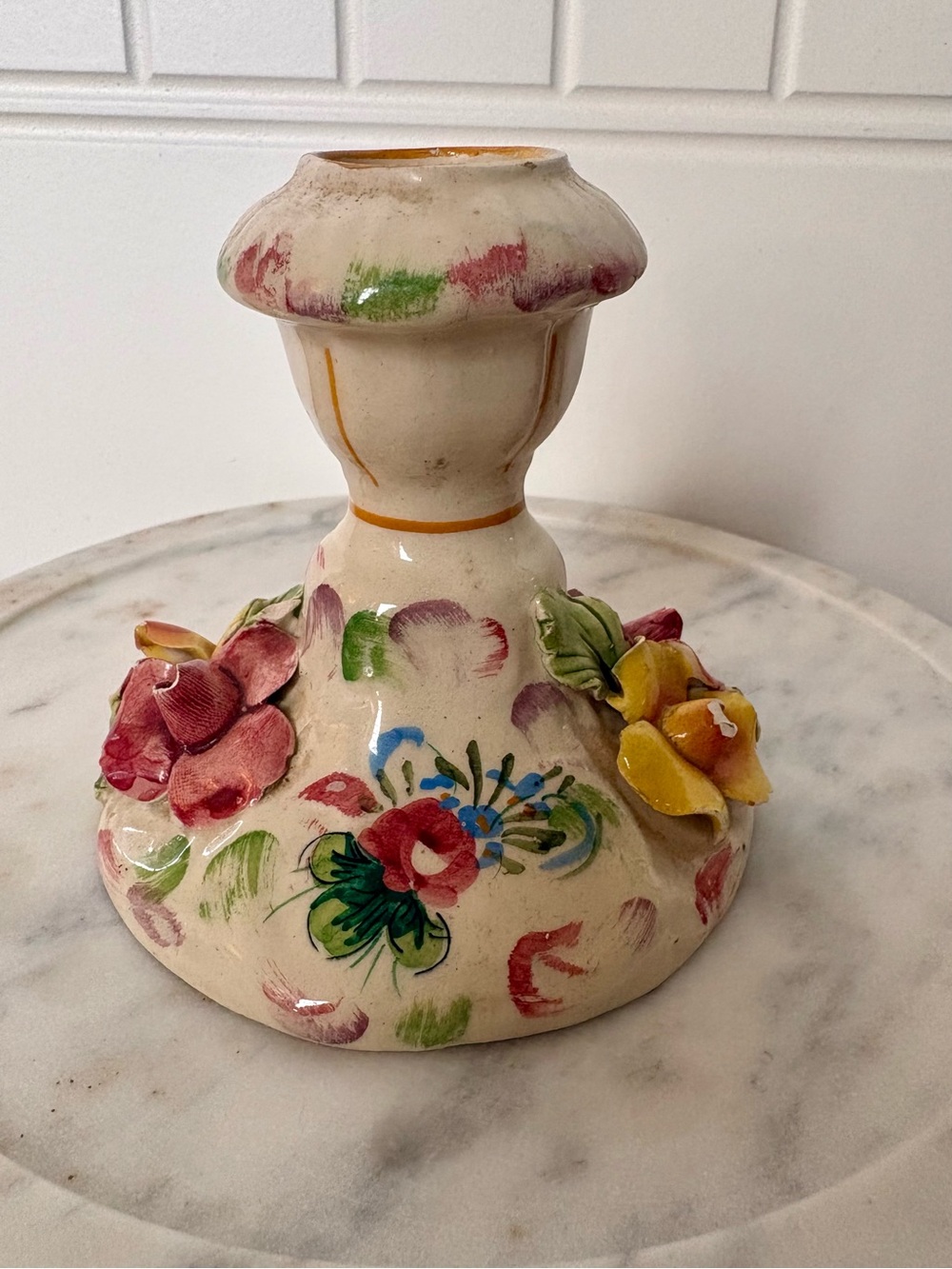Vintage Italian Floral Pottery Candlestick w/Applied Flowers